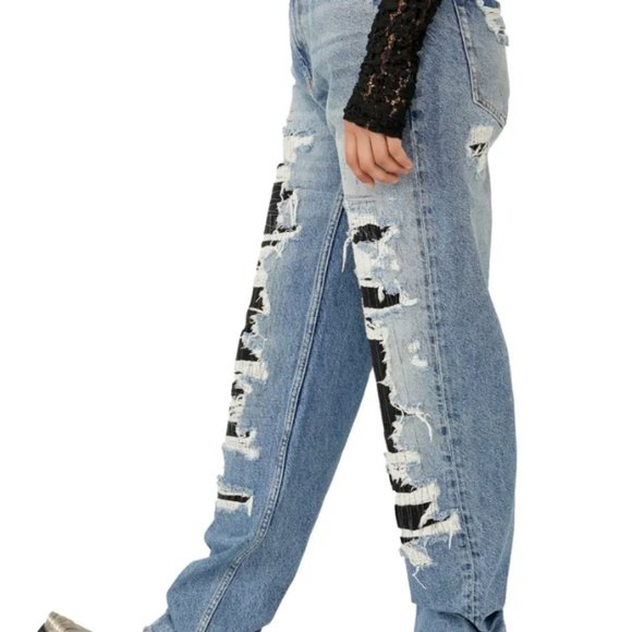 Free People McCoy Destroyed Straight Leg Jeans in Tattered Blue - Picture 4 of 6